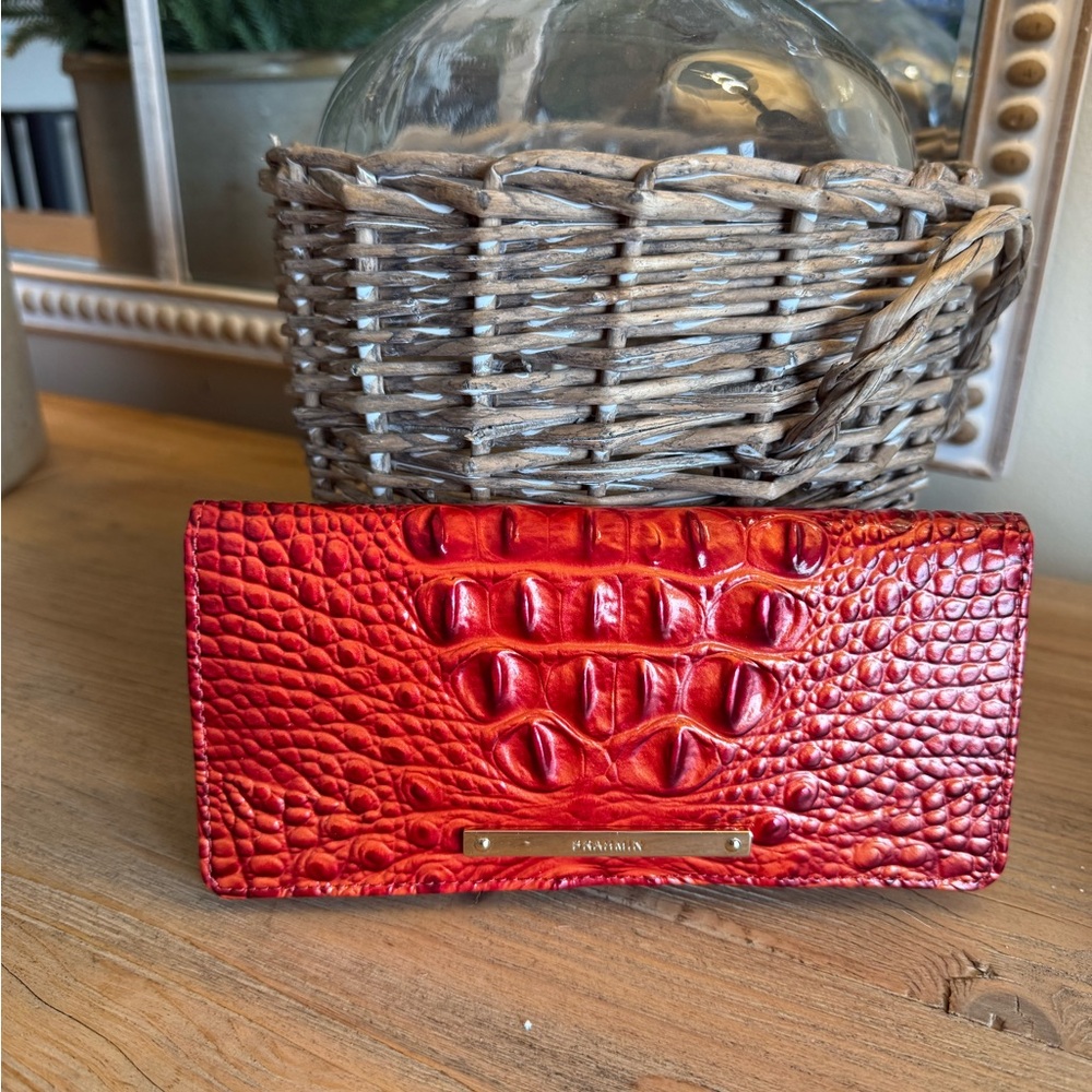 Brahmin Red Croc-Embossed Leather Wallet with Gold Plate